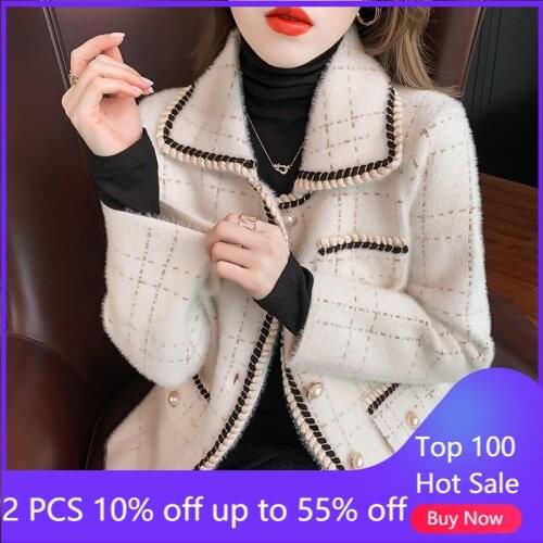 Women 2021 Fashion Double Breasted Check Tweed Blazers Coat Vintage Long Sleeve With Buttons Female Outerwear Chic Tops 0121