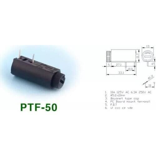 Free shipping 10PCS x PTF50 PCB Horizontal Fuse Holder PTF-50 5*20mm Panel Mount Fuse Holder