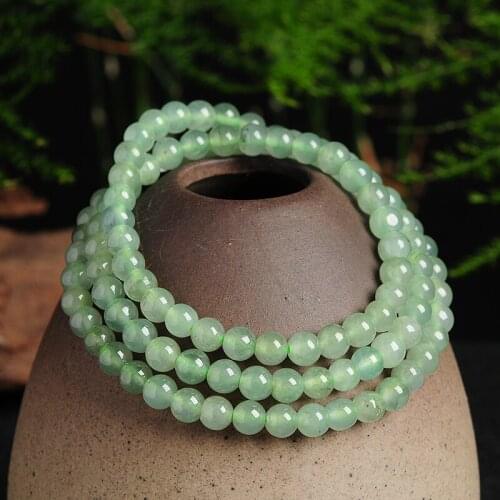 100% Natural Jade (Jadeite) Necklace 5-5.5mmW Luck Oil-green Round Beads Link Chain Necklace 20inch