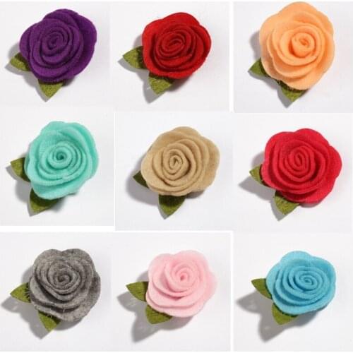 200PCS 5CM Felt Nonwovens Fabric Flower With Green Leaves For Headband Cute Rolled Rose Hair Flowers For Apparel Accessories