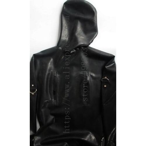 D ring buckles decorations 0.6mm heavy natural mens latex catsuit bondage with mesh eyes bdsm latex hoods