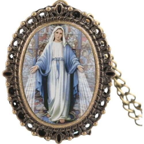 Bronze Virgin Mary Pattern Pocket Watch for Woman Arabic Digital Pocket Watches for Lady Best Gift Pocket Watch for Girl