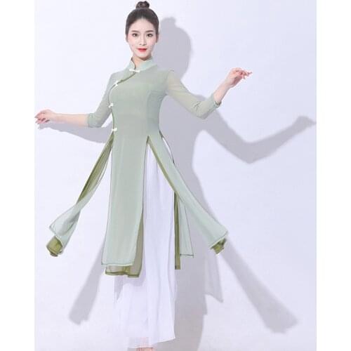 2 Layer Classical Dance Costume Cheongsam Folk Dance Wear Water Yarn Dance Clothes Women Dance Wear Stand-up Collar High Split