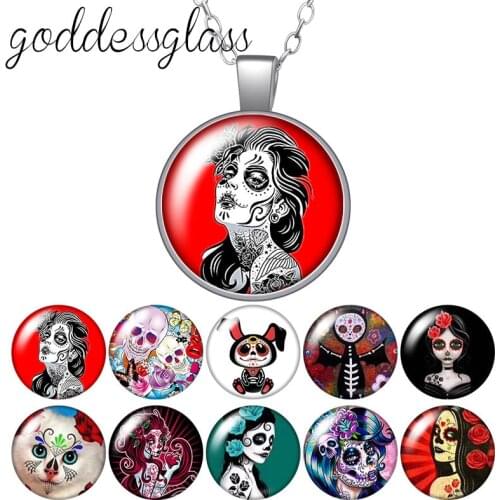 Lady Skull Rose skull cat punk Round Glass glass cabochon silver plated/Crystal pendant necklace jewelry for Gift