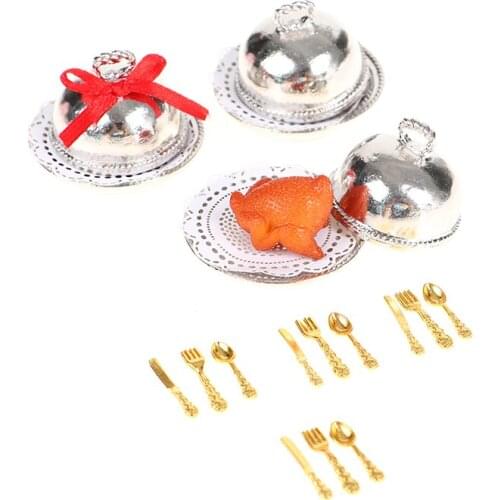 Hot Sale!Dollhouse Miniature European tray + round cover + Turkey Christmas New Year Dollhouse Home Party Decoration Set