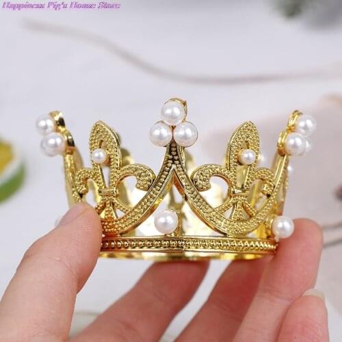 Mini Crown Cake Topper Romantic Pearl Garland Happy Birthday Children Hair Ornaments Wedding Cake Decoration Favors Party 1 PC