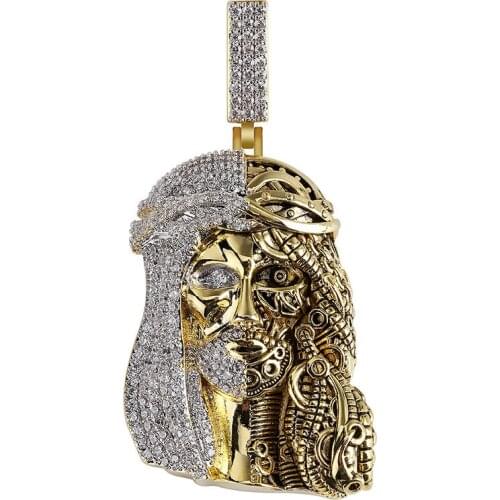 Hip Hop Iced out Mens Religious Jesus Head Chain Pendant Mechanical Necklace Rope Gold Color Bling Cubic Zircon Jewelry Gift