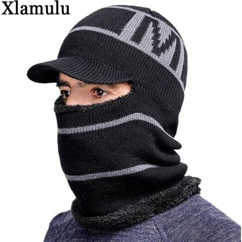 Men Winter Knitted Hat Women With Zipper New Add Fur Lined Warm Brim Winter Hats For Men Keep Face Ear Warm Balaclava Cap