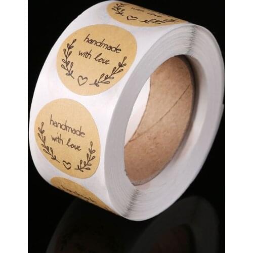 1 roll (500pcs) Natural Handmade With Love Kraft Paper Stickers Round Adhesive Labels Baking Scrapbooking Wedding Party Favors