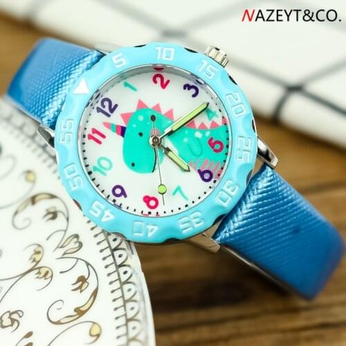 Promotion kid leather luminous hands gift clock little boys girls cute annimal dinosaur dial 3D quartz watch children wristwatch