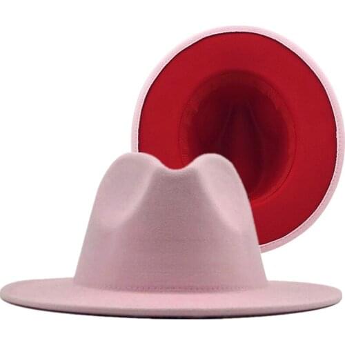 Simple pink red Patchwork Felt Hat Women Men Wide Brim Wool Jazz Fedora Hats Panama Trilby Cap Trend Gambler Hat 57-60CM