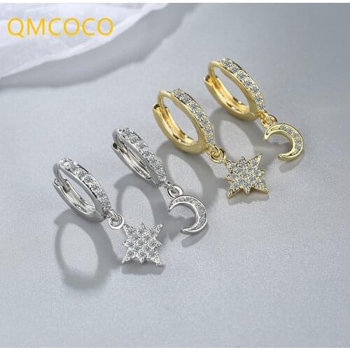 QMCOCO 925 Silver 2021 New Style Fashion Zircon Stars Moon Shape Earrings Design Asymmetric Eardrop For Women Party Jewelry Gift