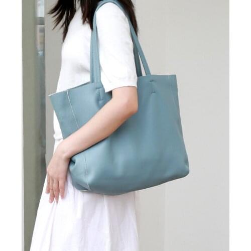 Lady Cowhide Genuine Leather Shoulder Shopping Bags Women Luxury Bag Casual Tote Female Light Blue Fashion Shoulder Handbag