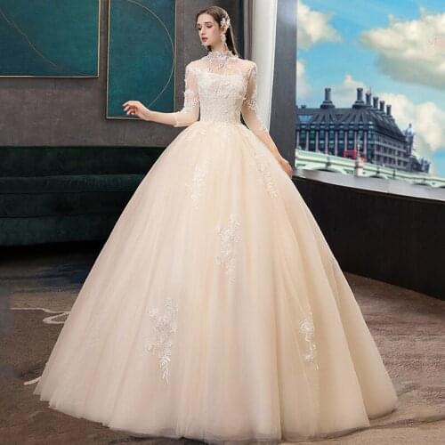 Champagne Wedding Dress 2020 New Elegant High Neck Wedding Gowns Vestido De Noiva Floor-length Lace Embroidery Slim Bride Dress