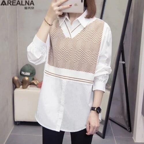 Sweater Women long sleeve Pullover fashion Fake two-piece shirt Patchwork Sweaters 2020 autumn Knitted sweaters Tops Femme 4XL