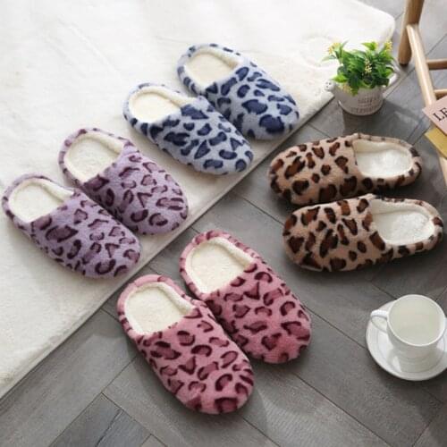 Women Leopard Cotton Slippers Household Imitation Rabbit Hair Soft Sole Shoes