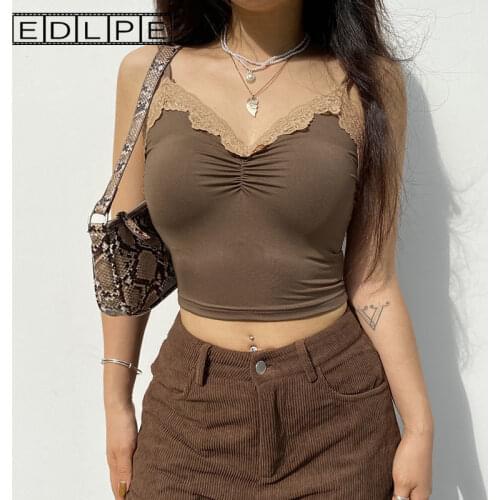 Unif Fashion Lace Stitching Pleated Sling New Sexy Dew Umbilical Cord Short Inner Strap Y2k Accessories Crop Top Women