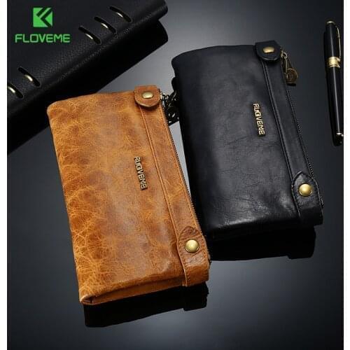 FLOVEME 5.5 inch Universale Genuine Leather Zipper Wallet Case For iPhone 8 X 8Plus 7 7plus 6 6s 5 Man Women Card Slot Phone Bag