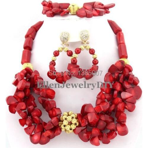 Gorgeous Nigerian African Wedding Coral Beads Jewelry Set Orange Coral Jewelry Set Necklace Bracelet Earrings Sets TL1414