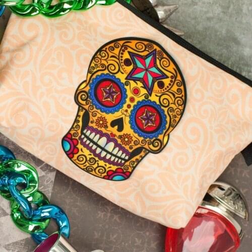 Waterproof Zipper Women Cosmetic Handbags Golden Skull Makeup Brush Storage Washing Bag Makeup Lipstick Organizer Pencil Cases