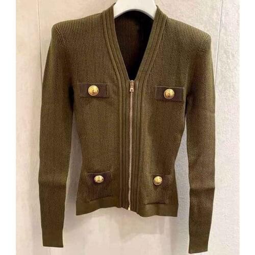 Cosmicchic Women Cardigan Knitted Jacket V-Neck Zipper Golden Button Pockets Sweater Short Coat Solid Color Shoulder Pad Jackets