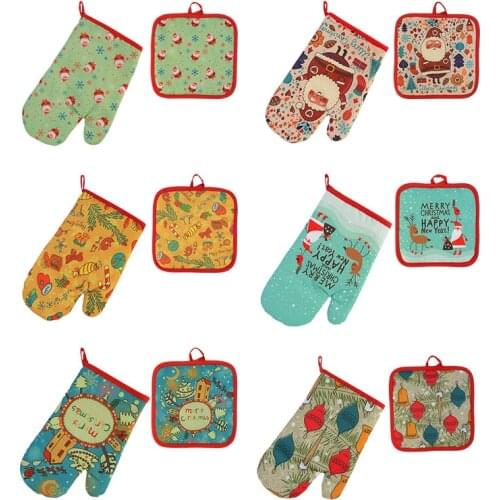 2pcs Christmas Insulation Gloves Potholder Pad Oven Mitts Anti-Hot Gloves For BBQ Microwave Xmas Home Decor Baking Kitchen Tools