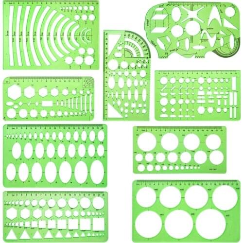9 Pieces Drawings Templates Measuring Geometric Rulers Plastic Draft Rulers for School Office Supplies Clear Green