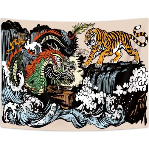 Chinese Dragon Tiger in The Landscape with Waterfall and Water Waves Polyester Fabric Wall Tapestry