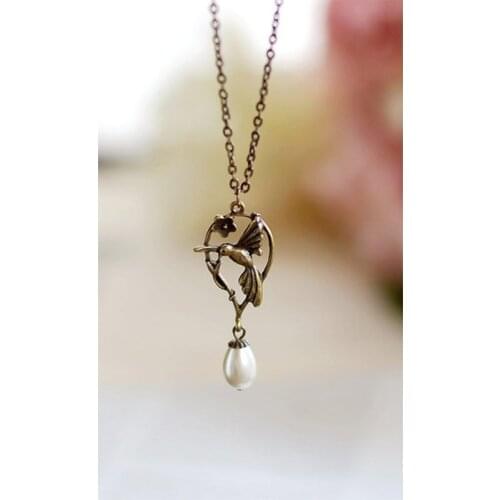 Hummingbird Necklace. Teardrop Cream Pearl Antique Bronze Hummingbird Pendant Necklace. Hummingbird Jewelry, Mothers Day Gift