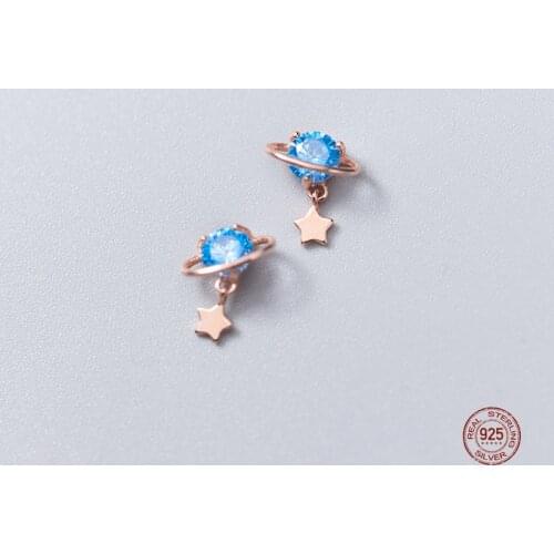 LKO 925 Sterling Silver Earring Fashion Blue Zircon Star Planet Pendants Stud Earrings Anniversary Jewelry Ear Gift For Women
