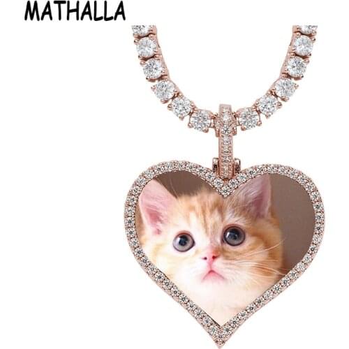 MATHALLA Custom Picture Memory Medallion Heart Pendant Necklace Ice Out Zircon Couple Necklace Hiphop Jewelry as a Gift