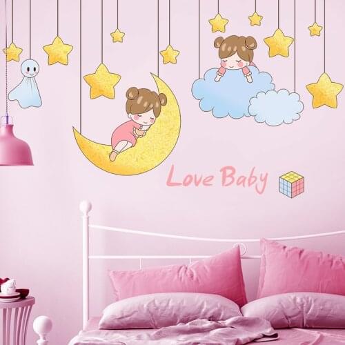 Cartoon Girls Wall Stickers DIY Stars Moon Coulds Wall Decals for Kids Room Baby Bedroom Nursery Decoration