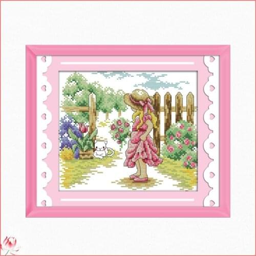 Embroidery The Girl In The Yard To See The Cat Cross Stitch Kit Stamped Patterns 11CT 14CT DIY Counting Printed Craft Decoration