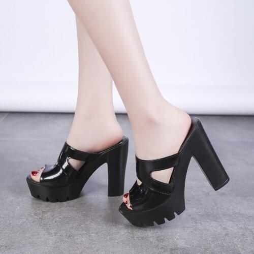 2021 Sandals Womens PU Leather Open Toe Black Sandals Thick Heel Slippers Woman Platform Wedges Summer Shoes Pumps Flip Flops