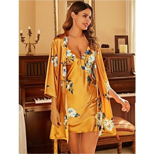 Silk ice Pajamas, Female Spring Summer sexy Flower Suspenders set, Home dress, Bathrobe dressing gown, two sets