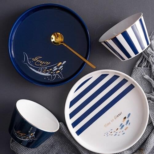 Nordic Style Tablewares Ceramic Whale Pattern Unique Tablewares Viking Style Plate and Bowl