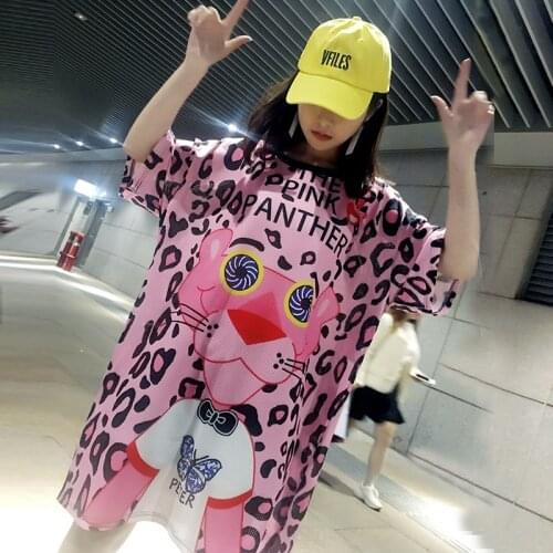 Oversized t-shirt women loose Plus size mesh summer New short-sleeved leopard cartoon print round neck hip hop T-shirt Tops