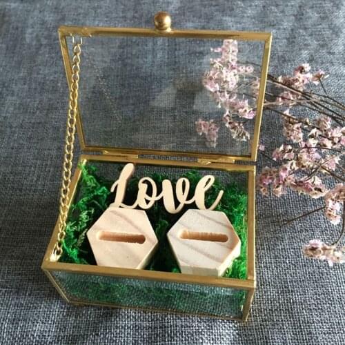 Creative Golden Square Ring Box Glass Jewelry Box Geometric Copper Ring Holder Flower Room Ring Display Box Wedding Decoration