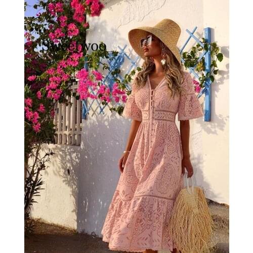 Vintgae womens dress V neck short sleeve hollow single breasted dress women casual chic female Bohemian Beach dresses vestidos