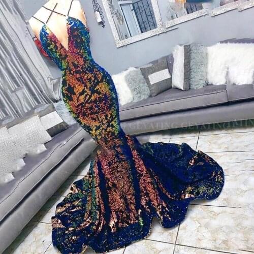 Spaghetti Straps Colorful Mermaid Sequin Prom Dresses Open Back Multicolor Bling Bling Evening Gowns