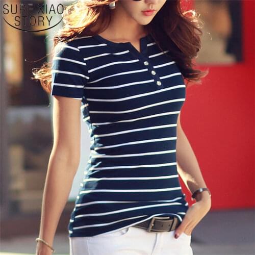 2021 Summer Top Shirts V-neck T Shirt Women Short Sleeve Casual tshirts White Strip T-Shirt Plus Size Cotton Tee Shirt 3188