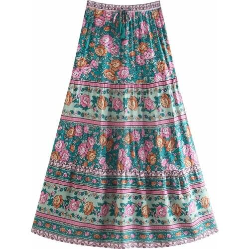 Green/Purple Boho Beautiful Flower Print Hippie women beach pleated skirt ladies High Elastic Waist A-Line rayon Maxi Skirt