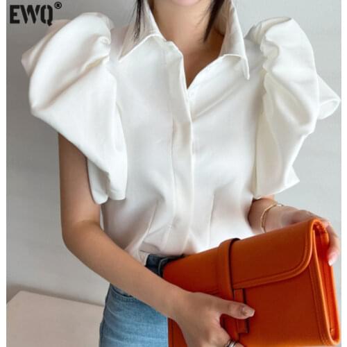 [EWQ] Korea Chic Fashion Simple Lapel Puff Sleeve Single Breasted Loose Short Sleeve Shirt Top Blouse Women Summer 2021 16W1384