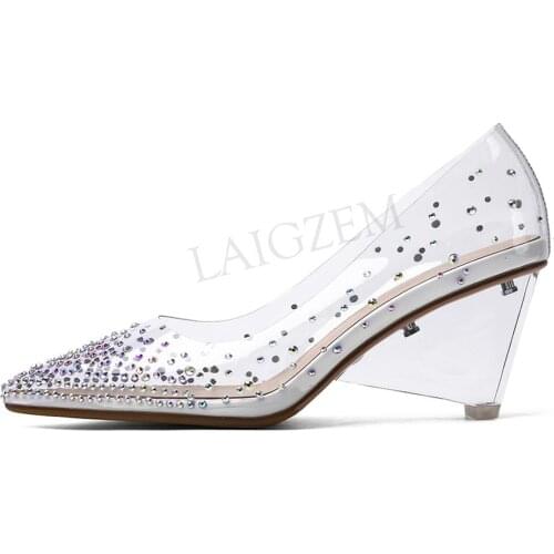 LAIGZEM Chic Women Heels Transparent PVC Clear Wedge Heels Handmade Tacco 6.5CM Crystal Party Prom Shoes Woman Size 33 38 39