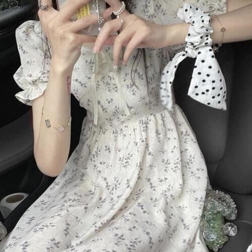 2021 Summer New Dress Floral Chiffon Temperament Platycodon First Love Waist Puff Sleeves Thin and Gentle V-neck Sweet