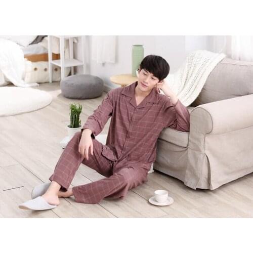 2019 new arrival fashion men sleeping cloths turn-down collar apricot plaid spring sleeping coat free shipping