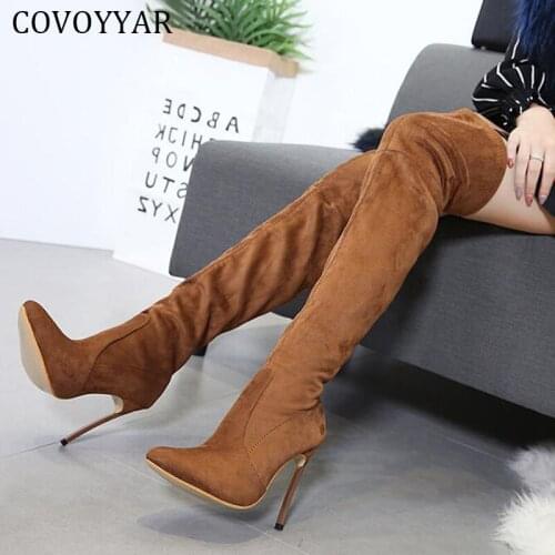COVOYYAR Over-the-knee Boots Women Winter Shoes Flock Super Thin High Heels Pleated Stretch Thigh High Boots Lady Pumps WBS360