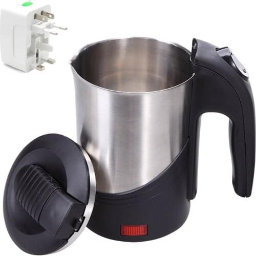 DMWD 110-220V Abroad Travel Stainless Steel Electric Kettle 600ML Portable Mini Electric Pot With 4 In 1 US/UK/EU/AU Plug Conver