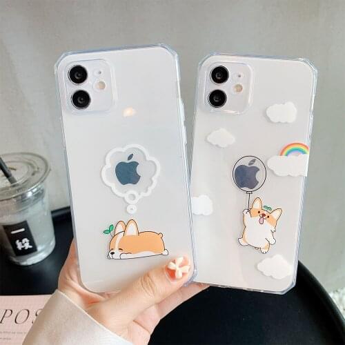 Cartoon Cute Baby Corgi Dog Phone Case for iPhone11 12ProMax XR XS X 8 7Plus Straight Edge Creative Lens Protection Clear Cover