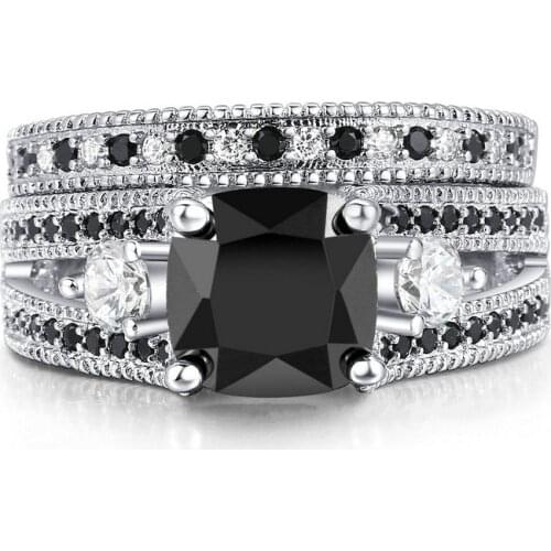 2pcs/Set Vintage Geometric Black Zircon Rings Set For Women Jewelry Accessories Bridal Wedding Engagement Ring Gift